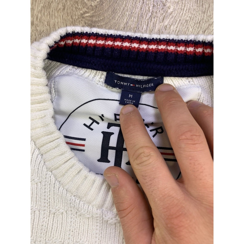 Tommy Hilfiger Sweater Womens Med White Cable Knit Cotton Classic Preppy Tennis - Picture 8 of 16